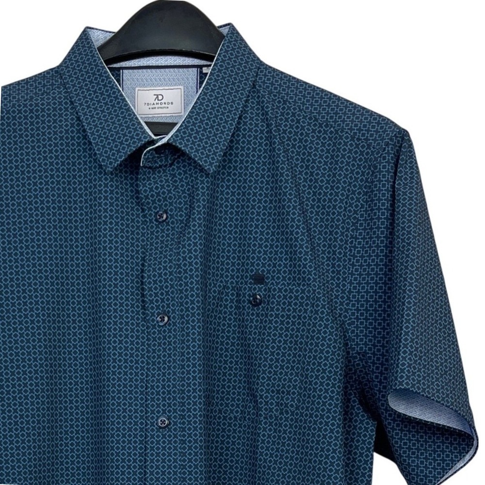 7 Diamonds 4-Way Stretch Leso Short Sleeve Shirt Mens XL Blue Geometric Diamond